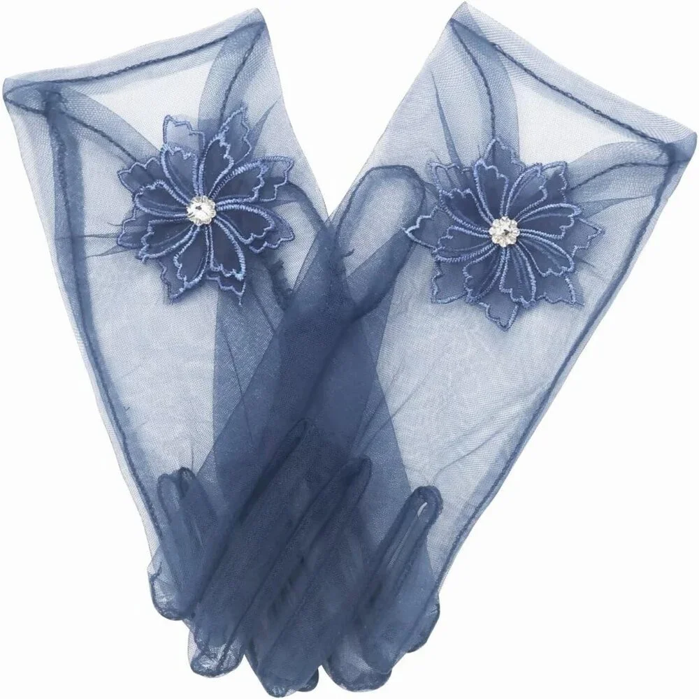 Women's Floral Navy Blue Diamond Flower Gloves Tulle Tea Opera Party Elegant